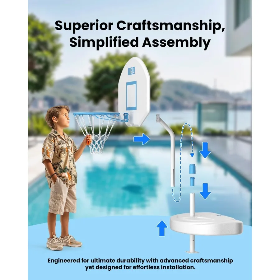 DunkSplash Elite Pool Basketball Hoop for Swimming Pool Side Use with Durable PC Backboard Stainless Steel Rim Water Storage Ba