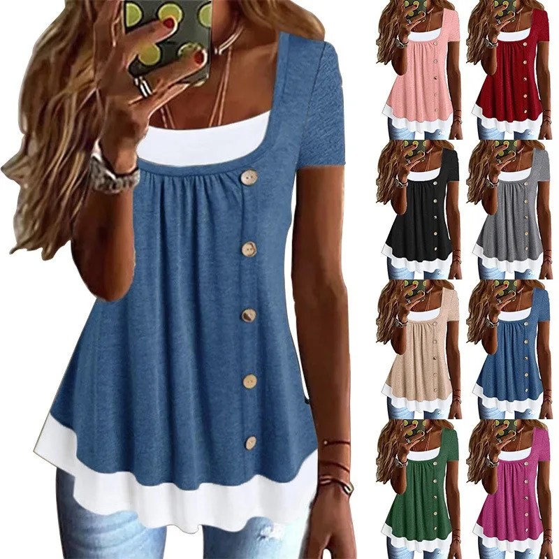 Short Sleeve T-shirt for Woman | Mock Two Piece Button Front Top | Round Neck Solid Color Ruffled Hem | Loose Fit Casual Women