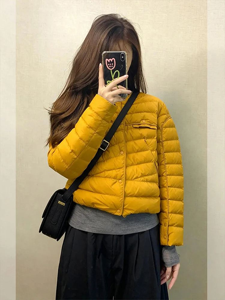 

Orange Lightweight Women's Winter Coat Korean Style Unique Cute Cotton Jacket Straight Cut Long Sleeve Zipper Short Length