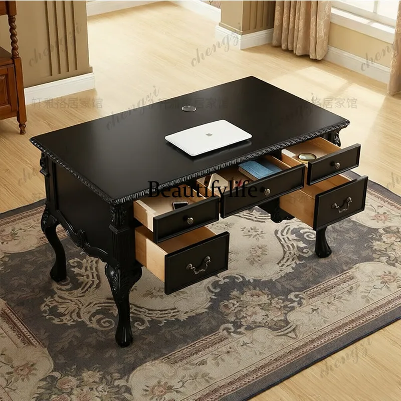 French solid wood boss desk medium antique black home study retro computer desk writing desk