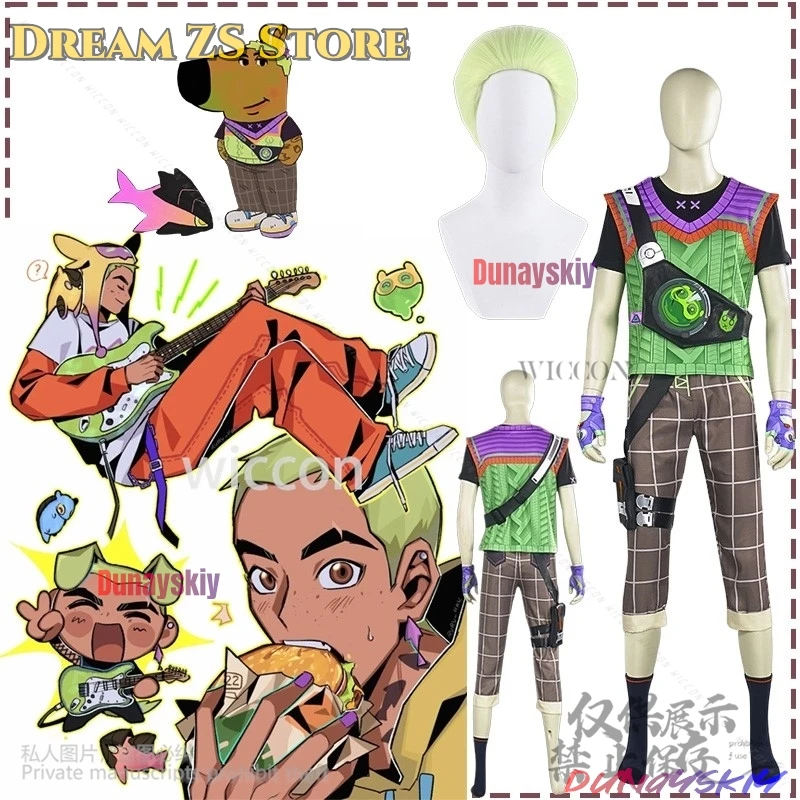 

Anime Game VALORANT Cosplay Gekko Agent Costume Male Uniform Vest Pants Green Wigs For Halloween Christmas Party Customized