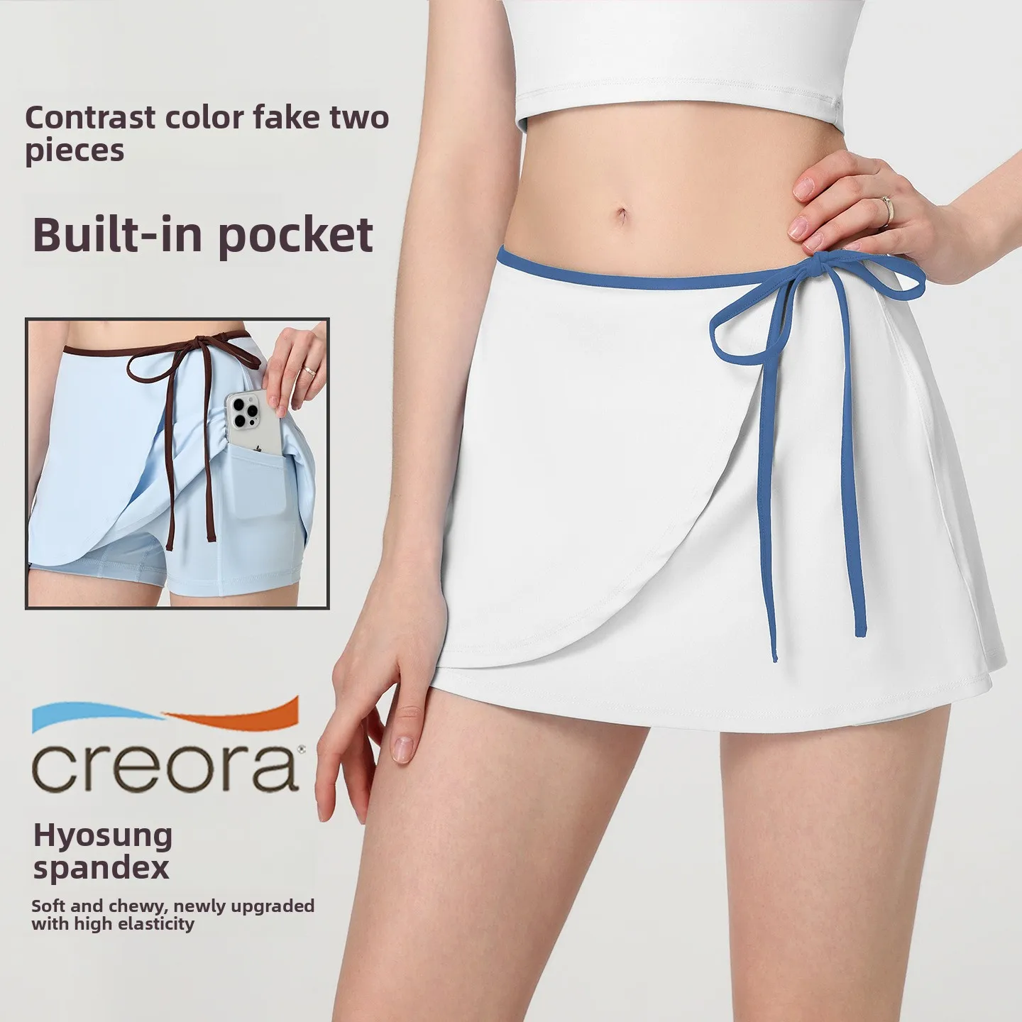 Women's Sports Short Skirt Contrasting Color Fake Two-Piece Drawstring Design Quick-Drying Tennis Yoga Skirt with Pocket