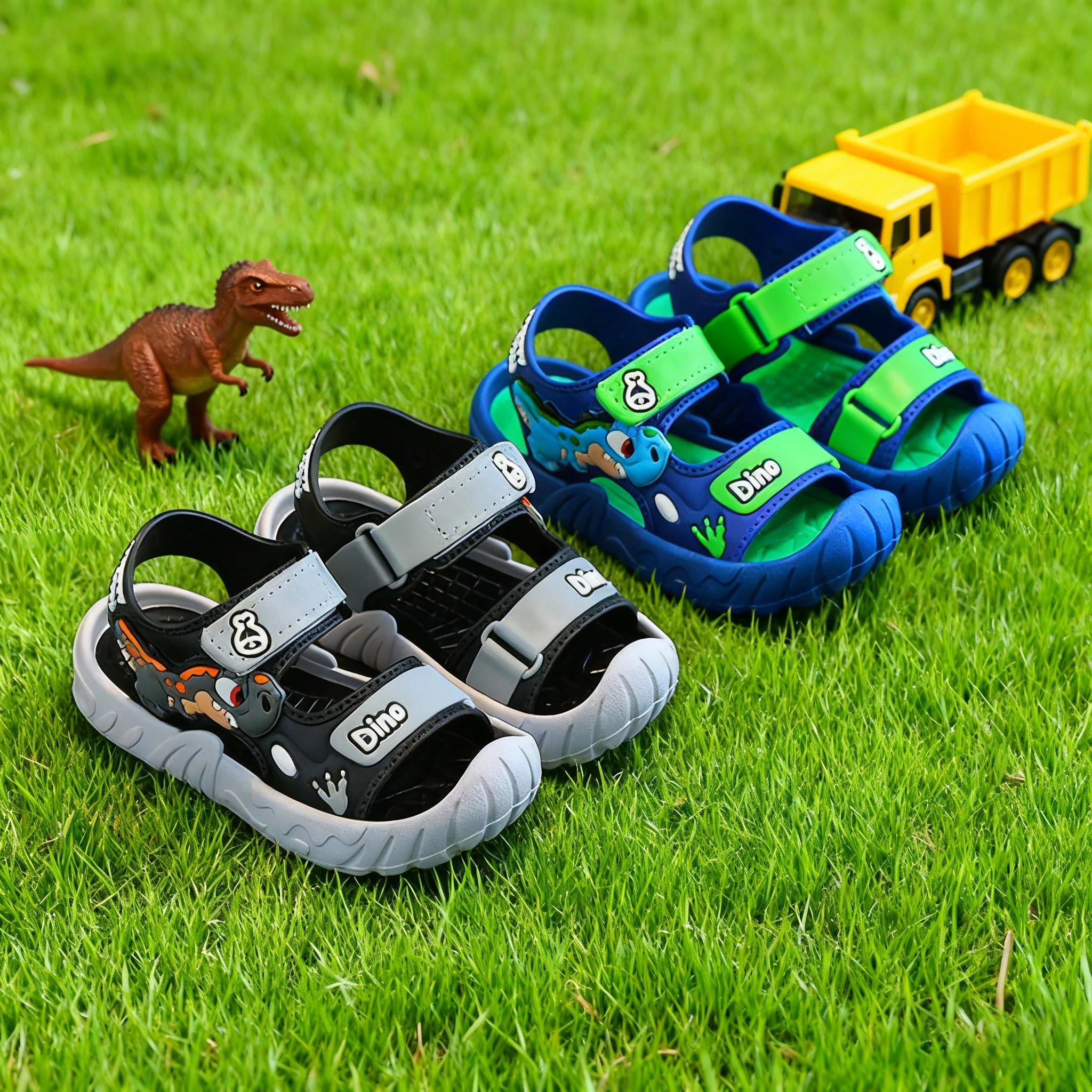 Toddler Boys 3D Dinosaur Sport Sandals, Closed Toe Anti-Collision, Adjustable Strap Non-Slip Soft Sole Summer Shoes for Outdoor