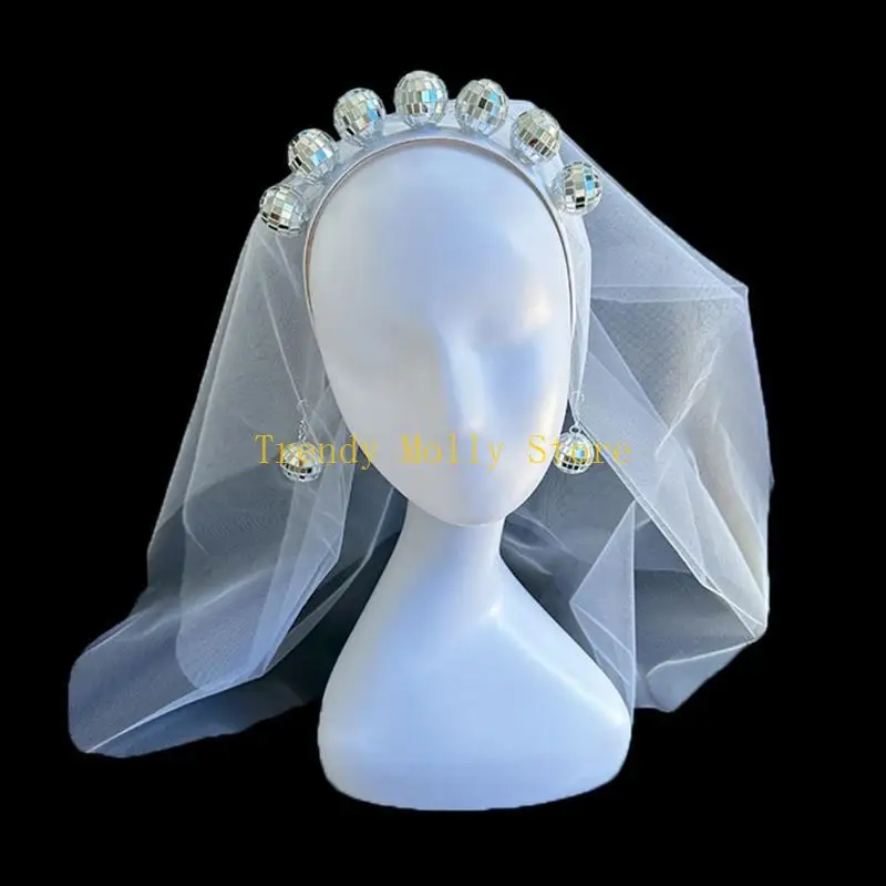 N5KB Disco Ball Headband Bachelorette Party Disco Accessories for Women 70s Disco Costume Earrings Hair Hoop with Veil