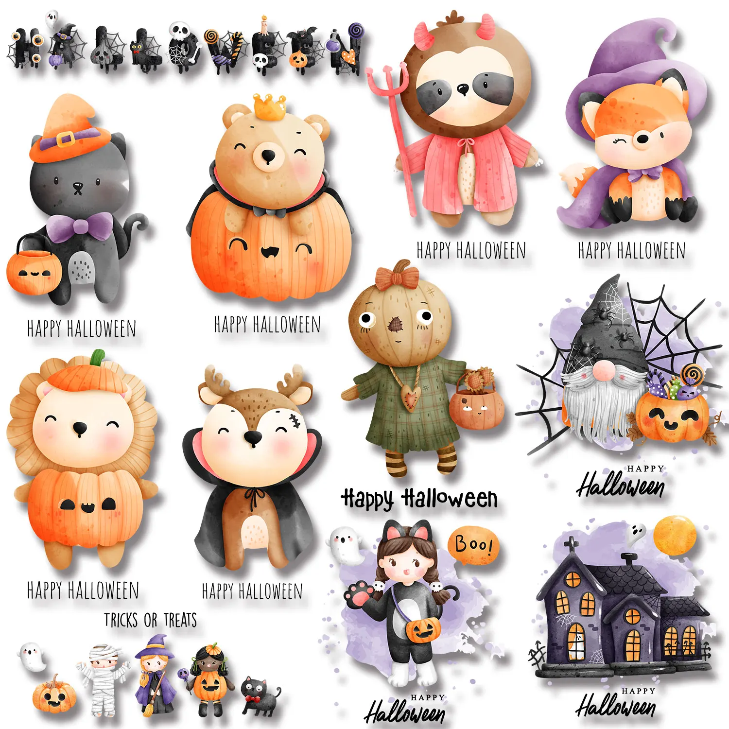 Happy Halloween Cute Cartoon Animals Trick or Treat Iron-on Transfers for Clothing Various Styles Full Colors Diy Craft