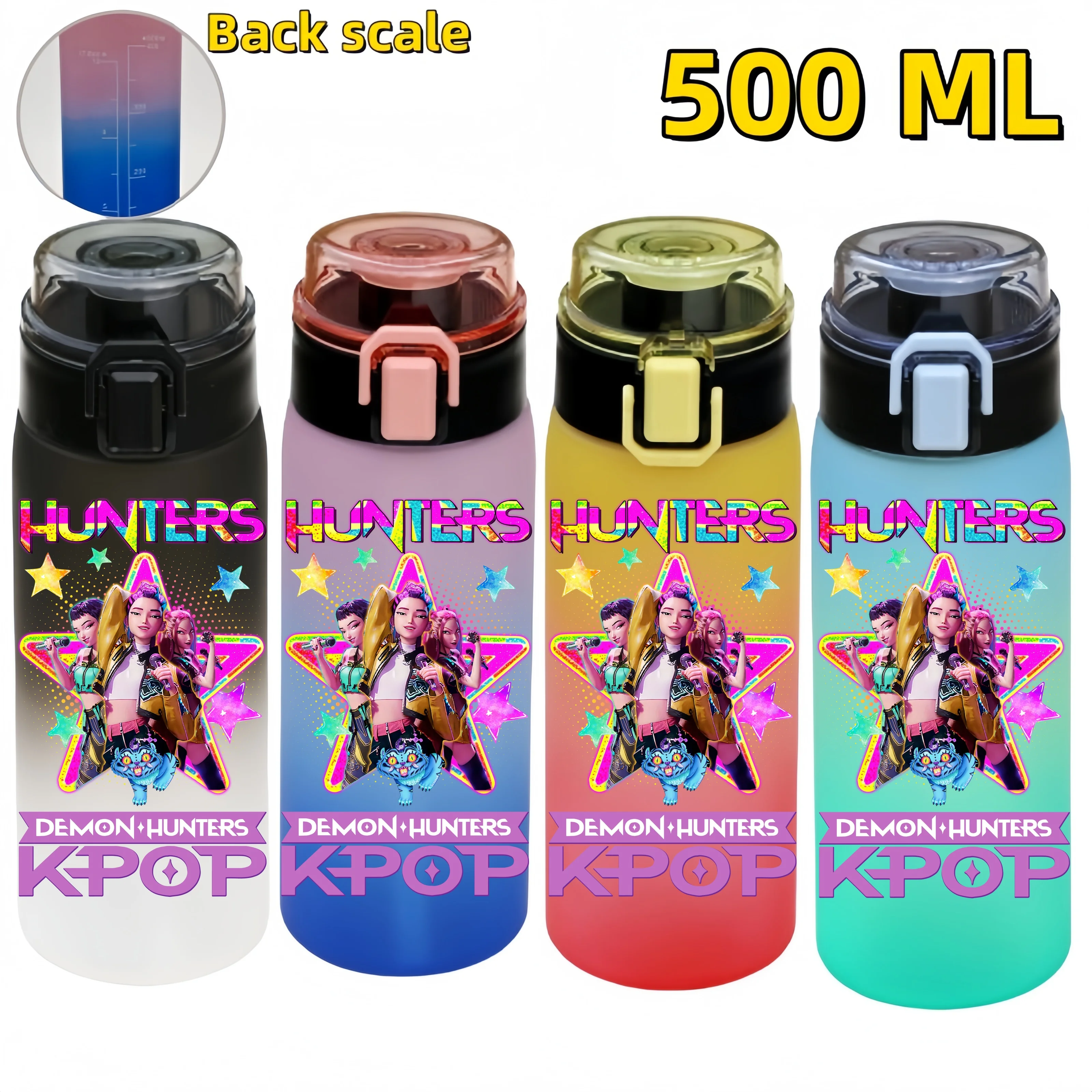 ขวดน้ำกีฬา KPop Demon Hunters ขนาด 500 มล. แบบพกพา ป้องกันการรั่วซึม ทำจากพลาสติก มีเส้นบอกระดับน้ำ สำหรับกีฬากลางแจ้งและฟิตเนส