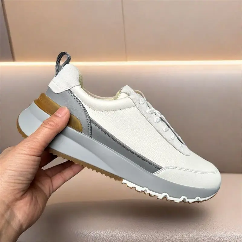 

2025 Spring Real Leather Elevator Thick Sole Trainer Shoes Couples Casual Sneakers Versatile Business Commuter Footwear Unisex