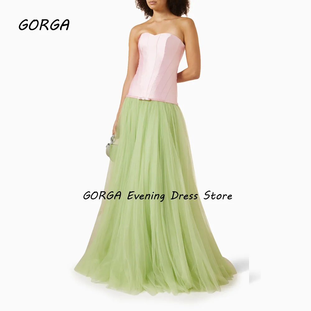 GORGA Pink Sweetheart Beading Satin A-LINE 2024 Slim Backless Ocassion Gown Tulle Floor-Length Formal Evening Dress