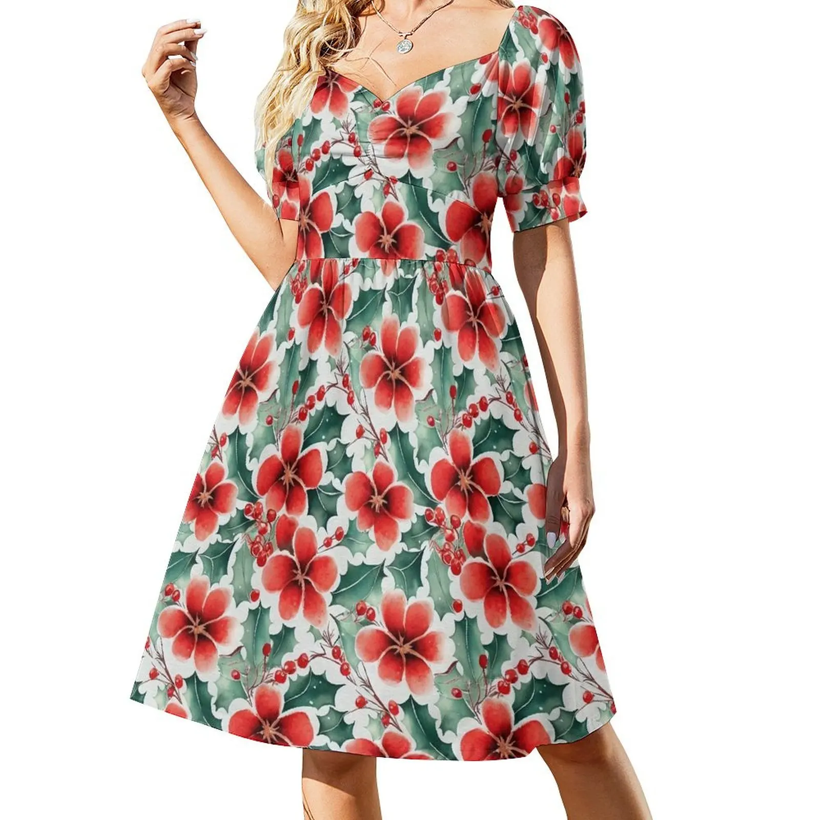

Christmas Red and Green Flowers with Holly Design on White Background Short-Sleeved Dress Woman's evening dress