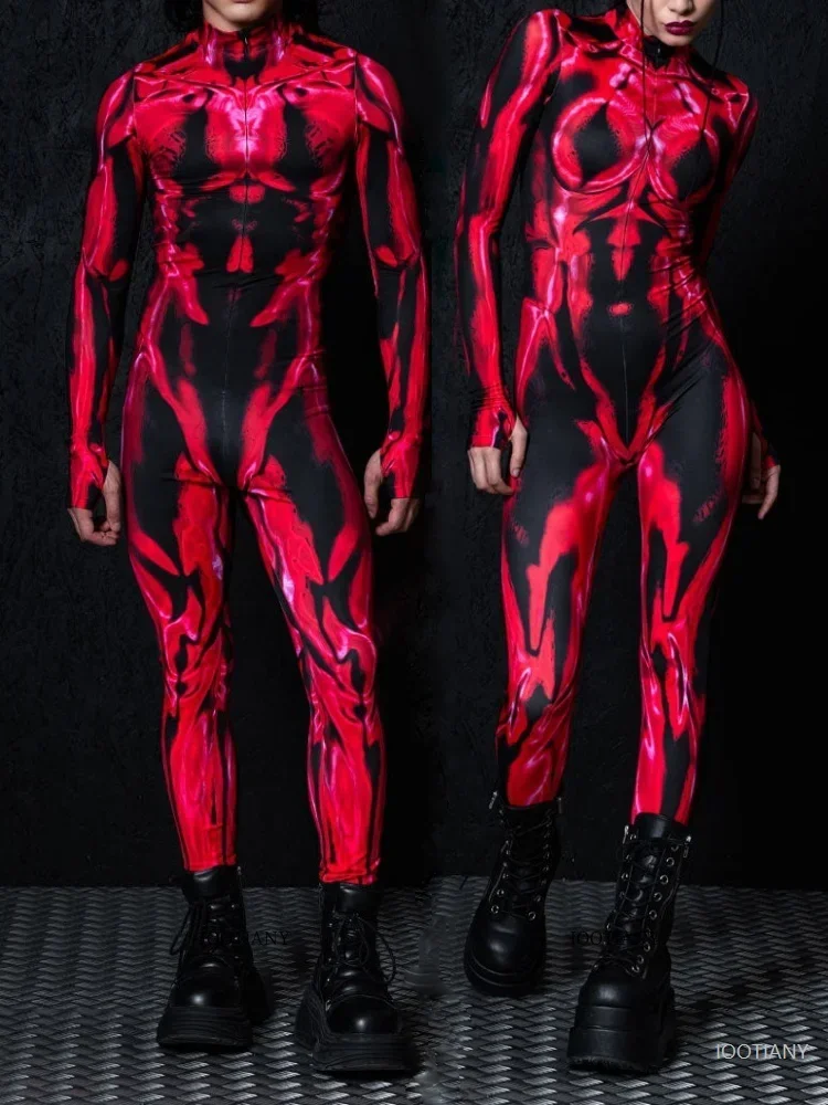 

Cool Red Cyber ​​hell Eye Bodysuit Cosplay Steampunk Costume Women Halloween Carnival Party Stage Show Couple Zentai Outfit 2025