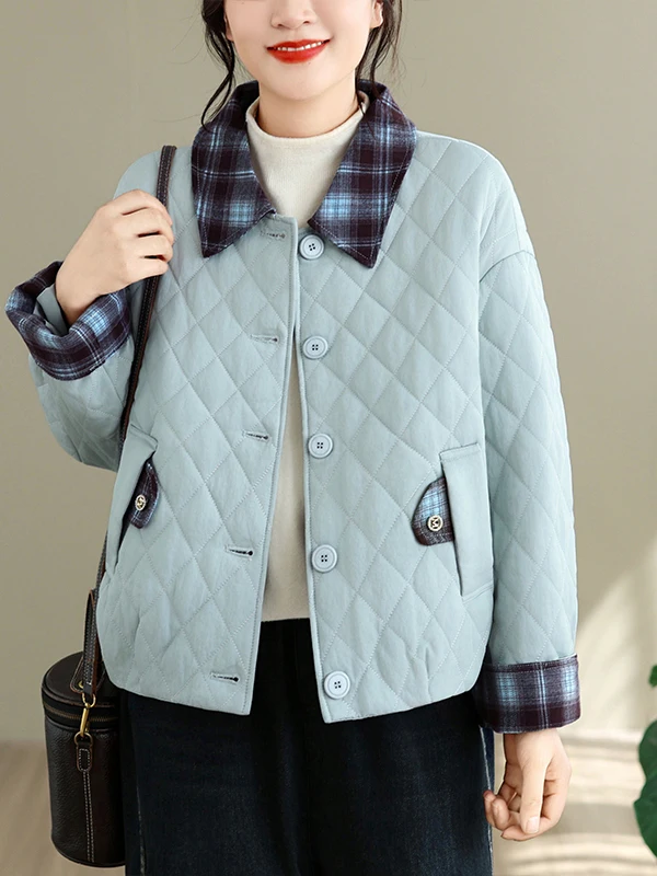 Warm Cotton Jacket Women's Loose Fit Casual Short Coat Korean Style Diamond Pattern Thickened Polyester Blend Long Sleeve