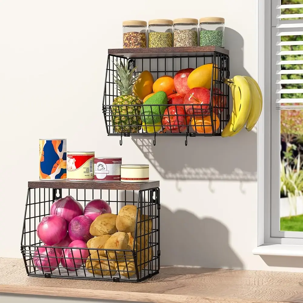 

2 Tier Fruit Bowl Fruit Basket For Kitchen Counter Stackable Wall Mounted Hanging Basket Wire Baskets With Wood Lid With 4