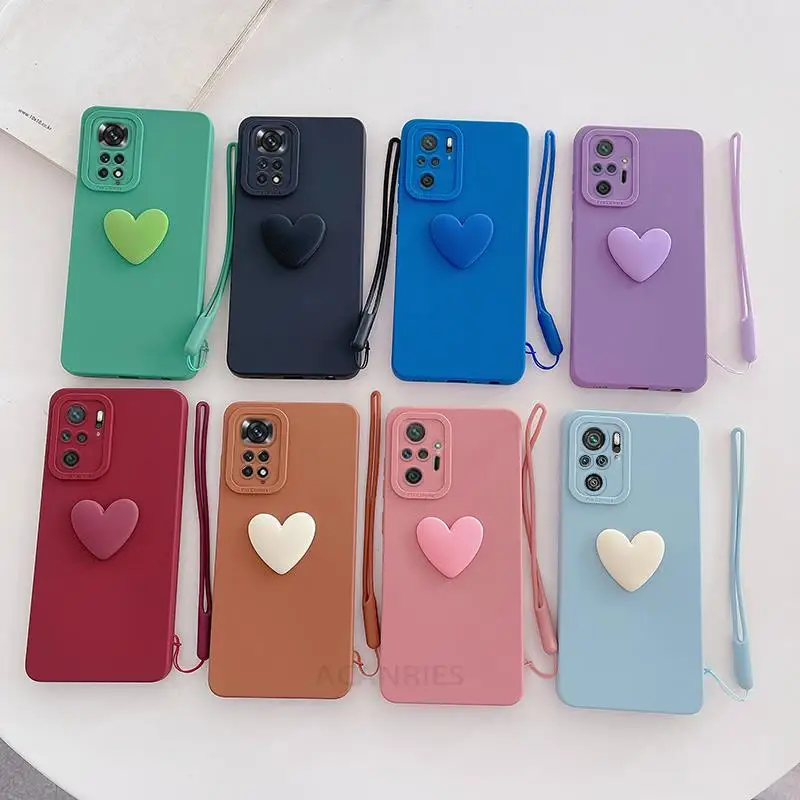 Note10s Cute 3D Love Heart Silicone Case On For Xiaomi Redmi Note 10 Pro 4g 10s 10pro 11 11s Lanyard Wrist Strap Cover Poco M5s