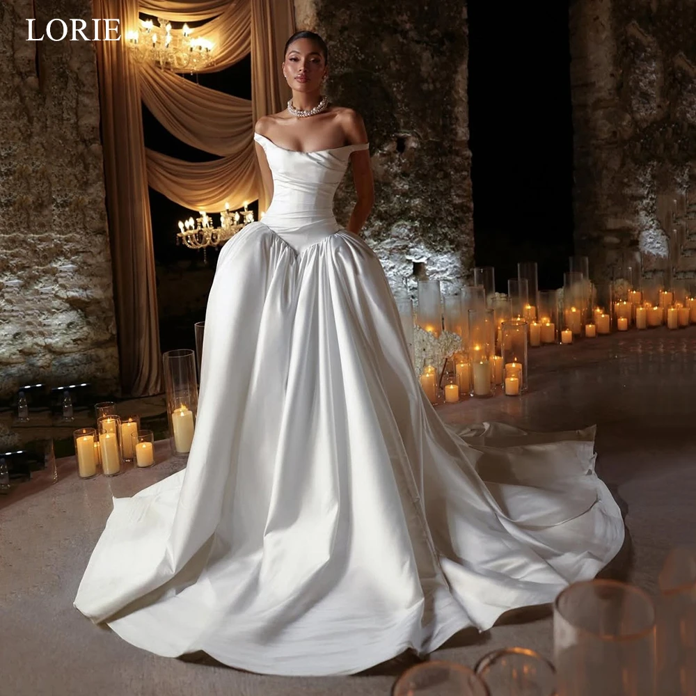 

LORIE Elegant Satin Wedding Dresses Pleats Off The Shoulder Bride Prom Gown Draped A-Line Vintage Bridal Gowns Customized