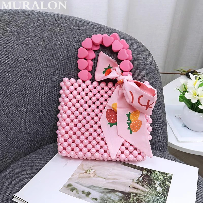 Handmade Woven Beaded Handbag Pearl Bag DIY Women's Bag Candy Color Bow Decorative Handbag