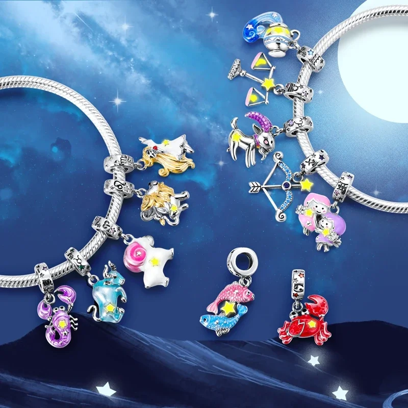 925 เงินสเตอร์ลิง 12 Constellation Luminous จี้ Charms Fit สร้อยข้อมือเดิมสําหรับผู้หญิง DIY ของขวัญ DIY