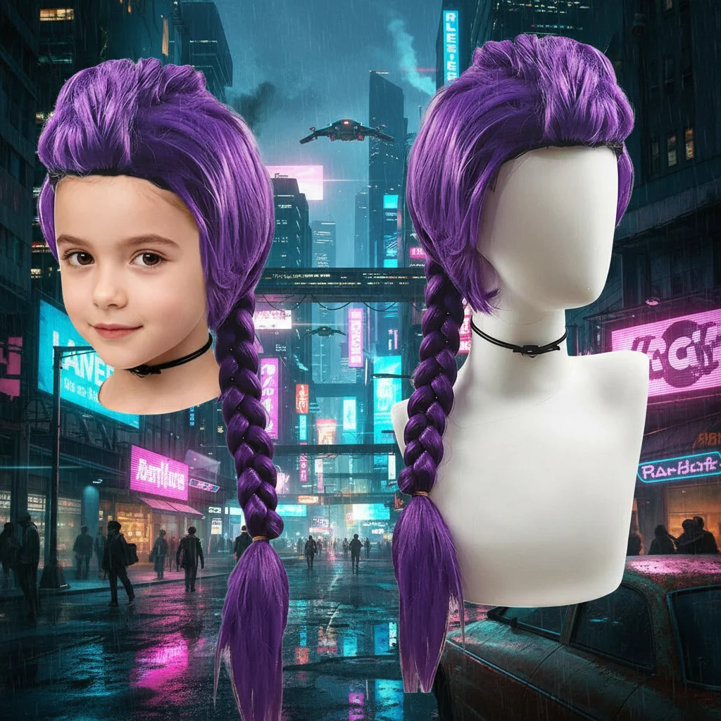 33,5-Zoll lila langer Zopf mit seitlichem Pferdeschwanz, integrierte Tiger-Mundklemme, Kinderperücke, Halloween-Kostüm, Party, Anime, Cosplay