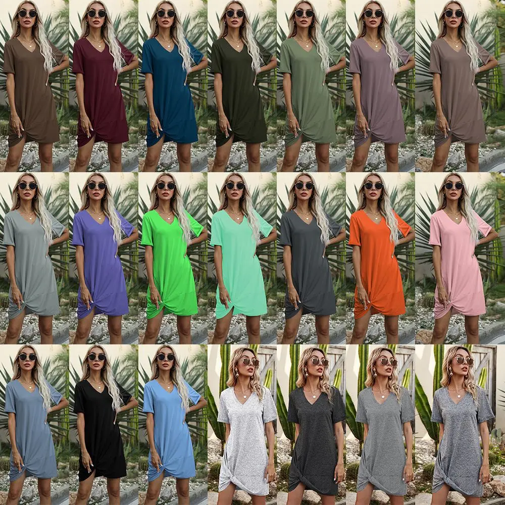 Women's Skirt Solid Color V-neck Knotted Short-sleeved T-shirt with Slimming Dress Multi-color Y2k Clothes Women Clothing