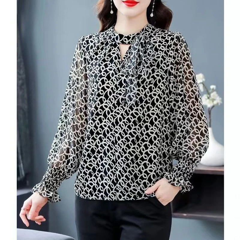 Women Hollow Lace Up Floral Print Elegant Chiffon Blouse Spring Summer Fashion Casual Sweet Thin Shirts Long Sleeve Tops Female