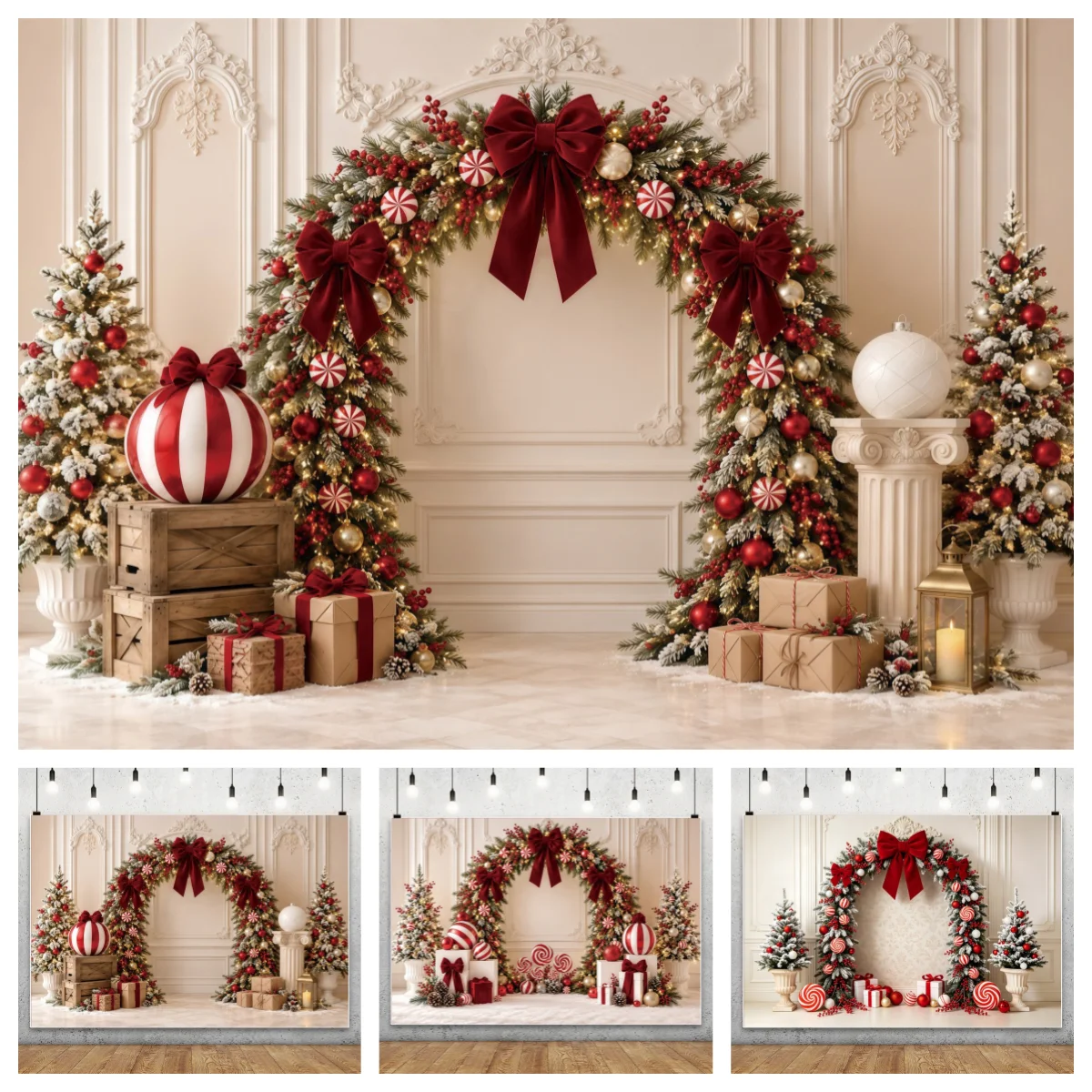 Christmas Arch Photography Backdrop Red Bow Candy Cane Xmas Tree Gift Box Background Family Kids Holiday Portrait Photo Studio D