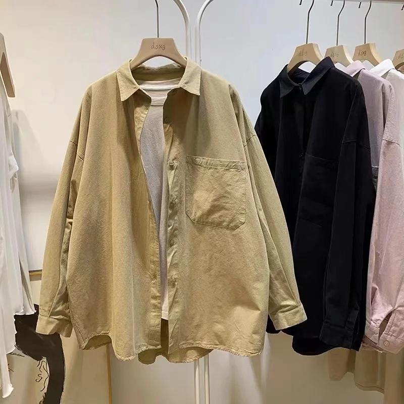 Loose Fit Pure Color Workwear irt Korean Japanese Brand Women's Casual Long Sve  Collar Cotton Blend Top