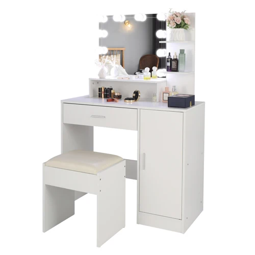 Large Vanity Set with 10 LED Bulbs, Makeup Table with Cushioned Stool, 3 Storage Shelves 1 Drawer 1 Cabinet, Dressing Table Dre