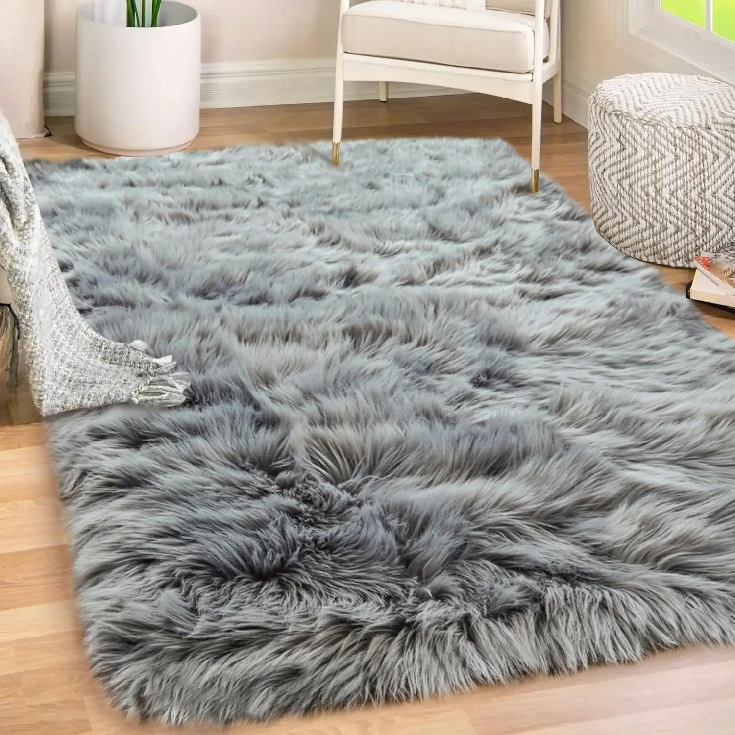 Area Rugs, Rubber Backing, Plush Floor Carpets for Baby Nursery, Bedroom, Living Room Shag Carpet, Luxury Home Decor, 3x5, Gray