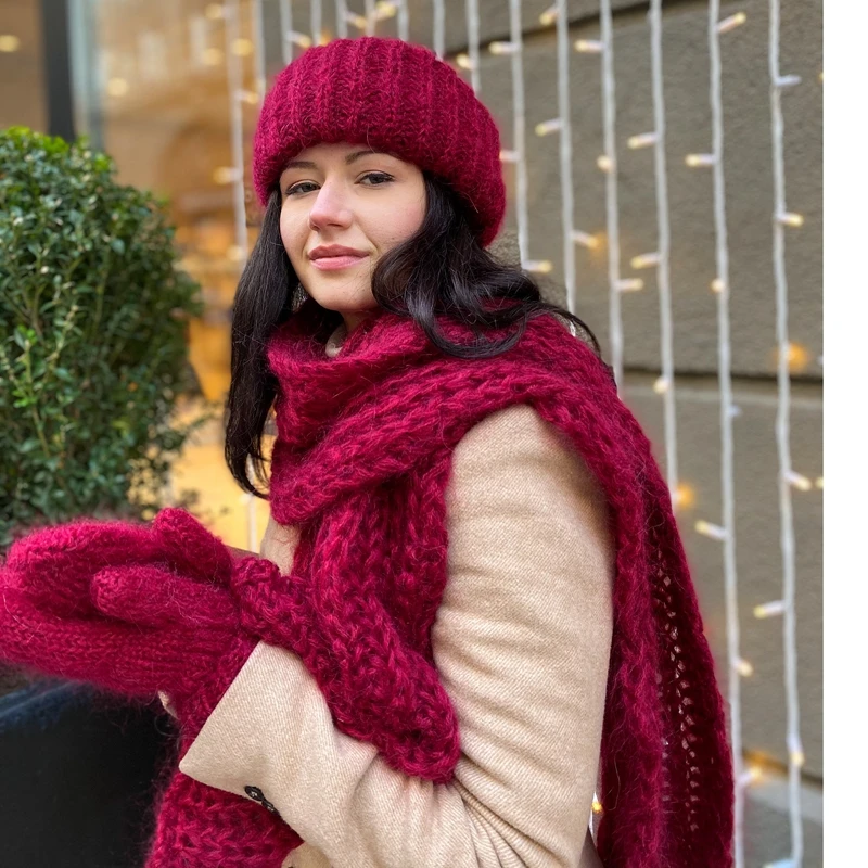 7 Colors Women\'s Knit Hat Scarf Hand 3 Piece Set Soft Warm Warm Winter Solid Color Fashion Accessories for Cold Weather
