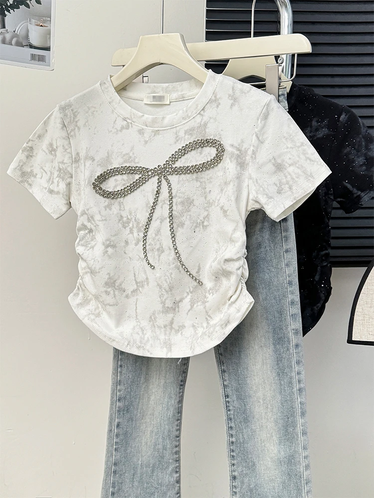 2024 Summer Diamond T-shirts Feminine Bow Short Sleeve Round Neck T-shirt Women's Slim Slimming Nice Short Tops