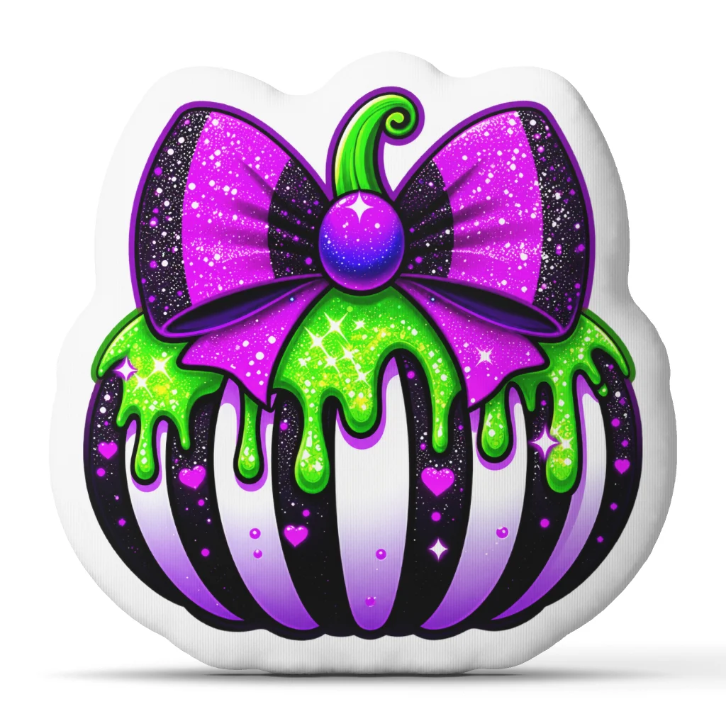 Purple Green Pumpkin Bow Halloween Shaped Pillow Stuffed Cushion Throw Pillow for Sofa Home Decor Spooky Party Decoration