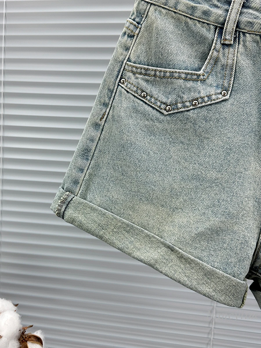 Flower Embroidered Flanging Denim Shorts for Women 2024 New Summer High Waist All-Matching Wide Leg A- Line Hot Pants Tide