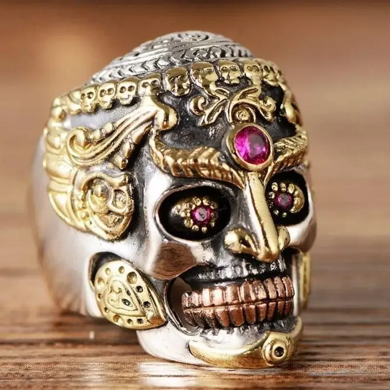 Fashion Trend Bicycle Skull Face Zircon Grimace Hip Hop Punk Party Holiday Ring for Men Jewelry