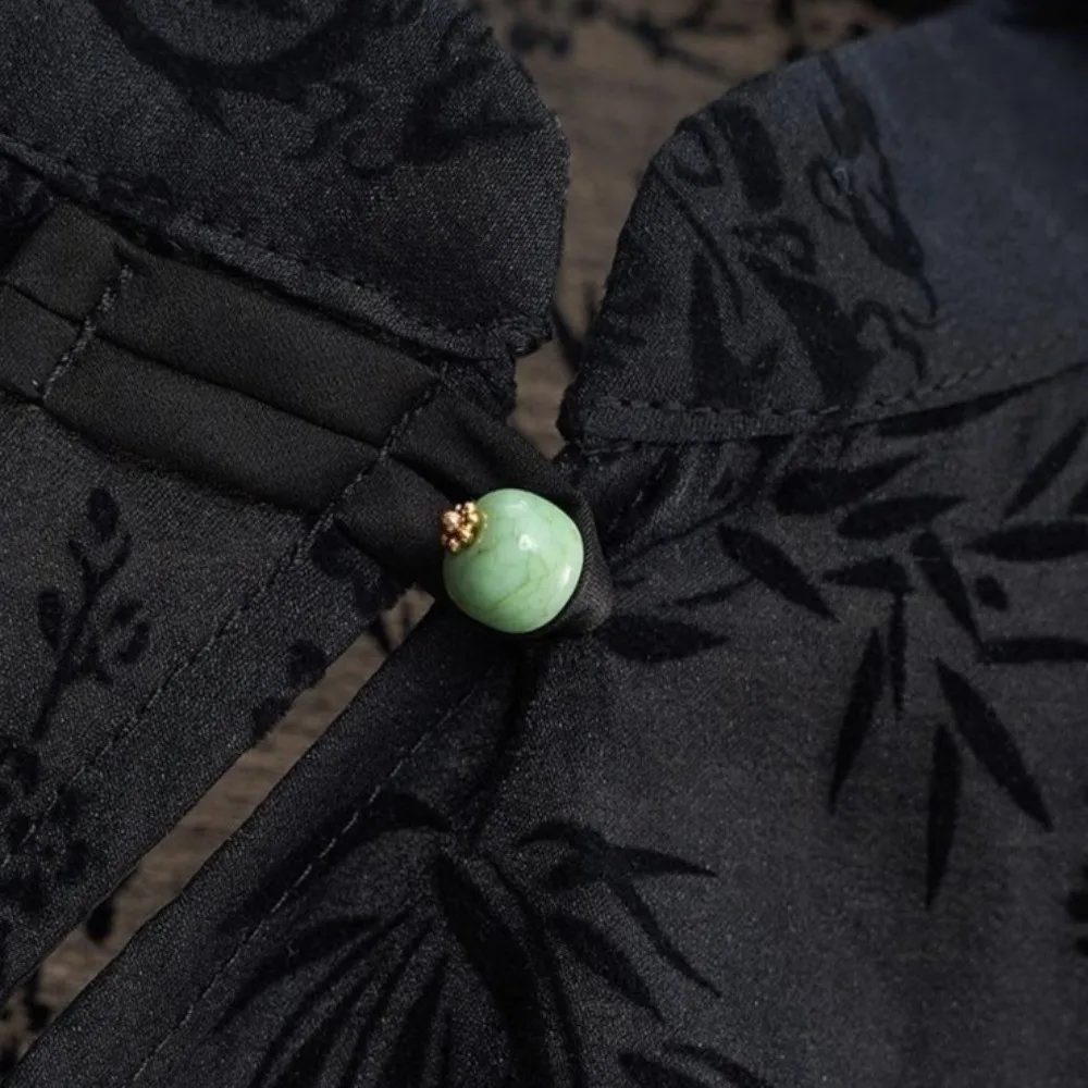 Thin Fabric Cheongsam T-Shirt Jacquard Weave Black Color New Chinese Style Top Short Sleeve Summer Weight Short Sleeve Cheongsam