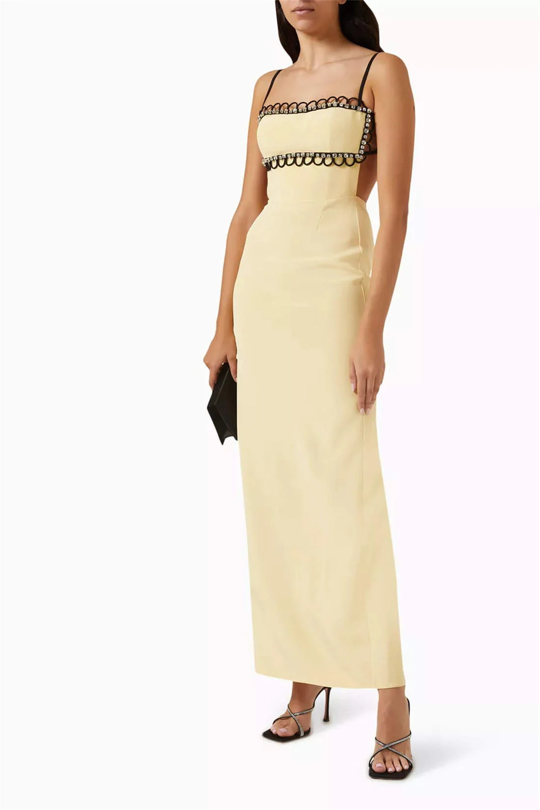 Abito da sera dritto con bretelle sottili, forcella alta, senza maniche, personalizzato, di alta qualità, alla caviglia, elegante per il matrimonio