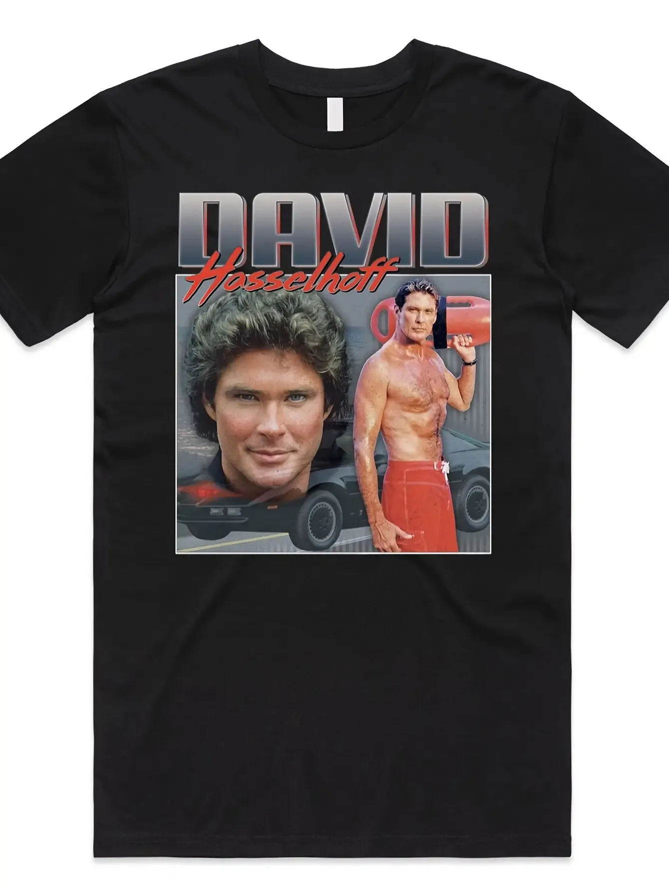 David Hasselhoff Tribute T-Shirt- Vintage Knight Rider And Kit Graphic T-Shirt, Black Casual Crew Neck T-Shirt, Regular Fit All