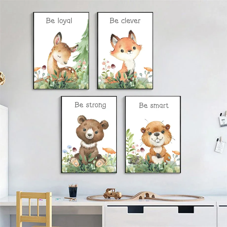 Fox Rabbit Bear Deer Squirrel Raccoon Woodland Animals Posters Wall Art Prints Canvas Painting Pictures Kids Room Nursery Decor