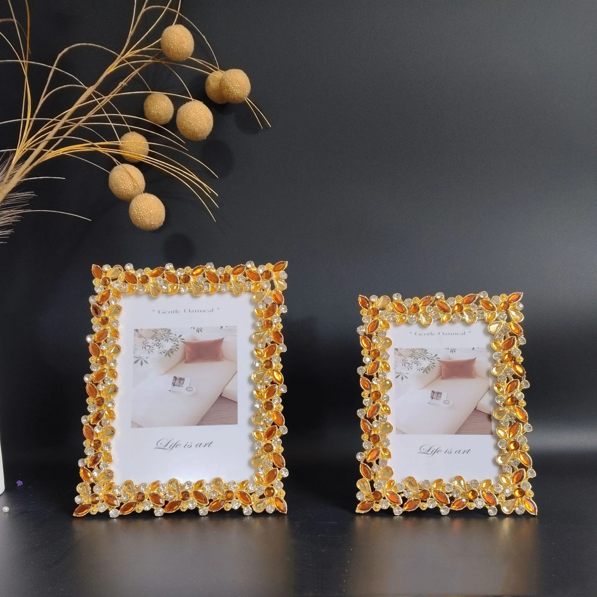 Modern Fashion Luxury Inlaid Topaz Metal Photo Frame Home Study Tabletop Decoration Party Gift