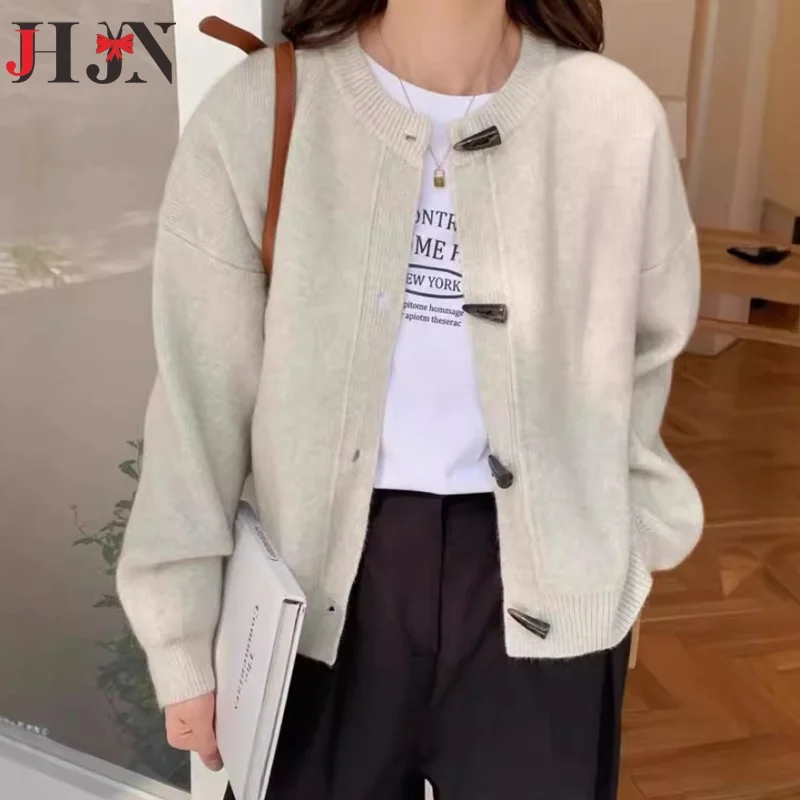 Women's Round neck Ox horn button Knitted cardigan 2024 Autumn New Style Loose Solid colour Jumper Jacket Women's