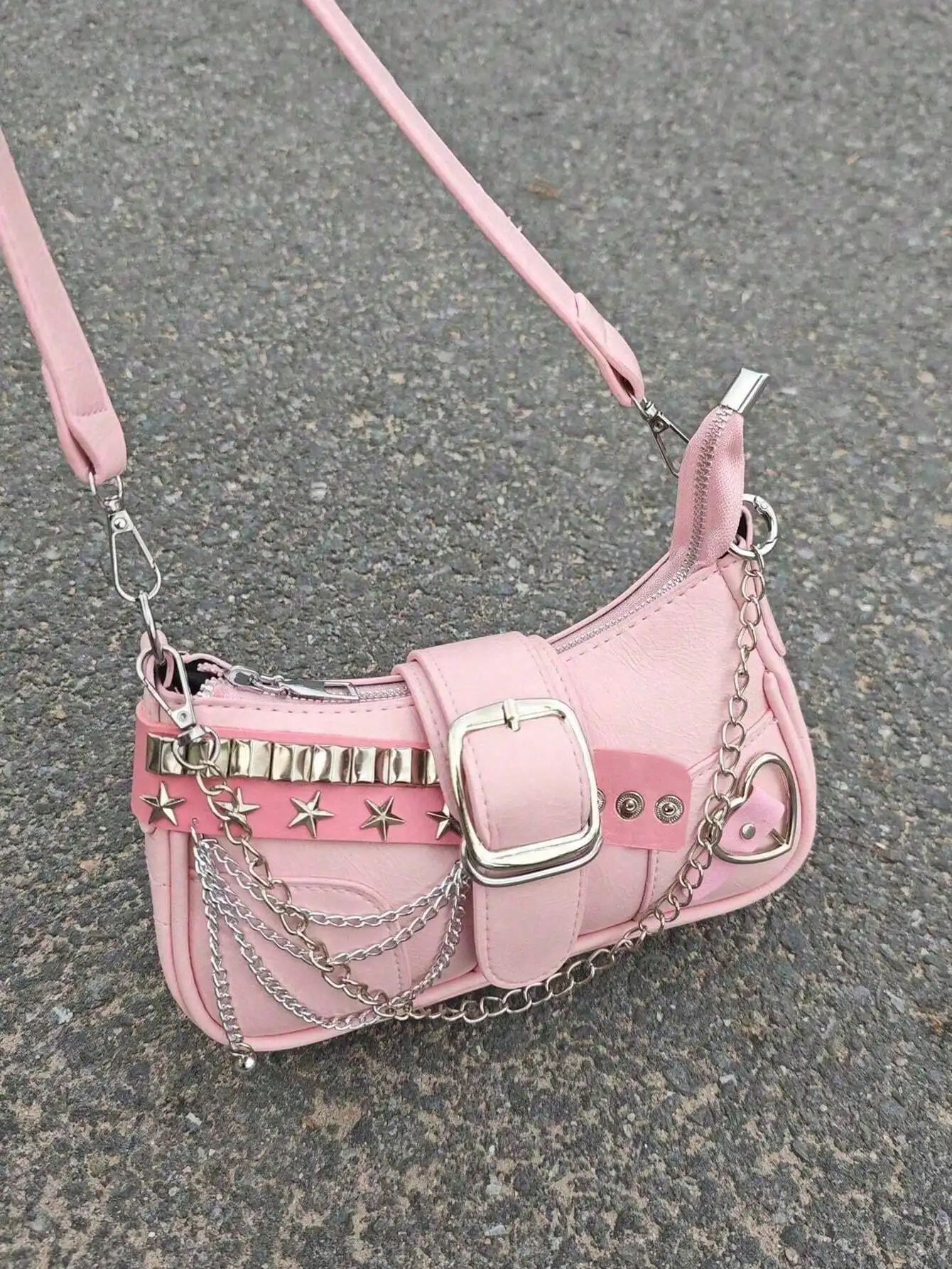 

Y2K Fashionable Multi-Functional Star & Moon Design Unique Pink Chain Decor Crossbody Bag, Ladies Baguette Bag, Niche Design, Steampunk,Dresses,Cute