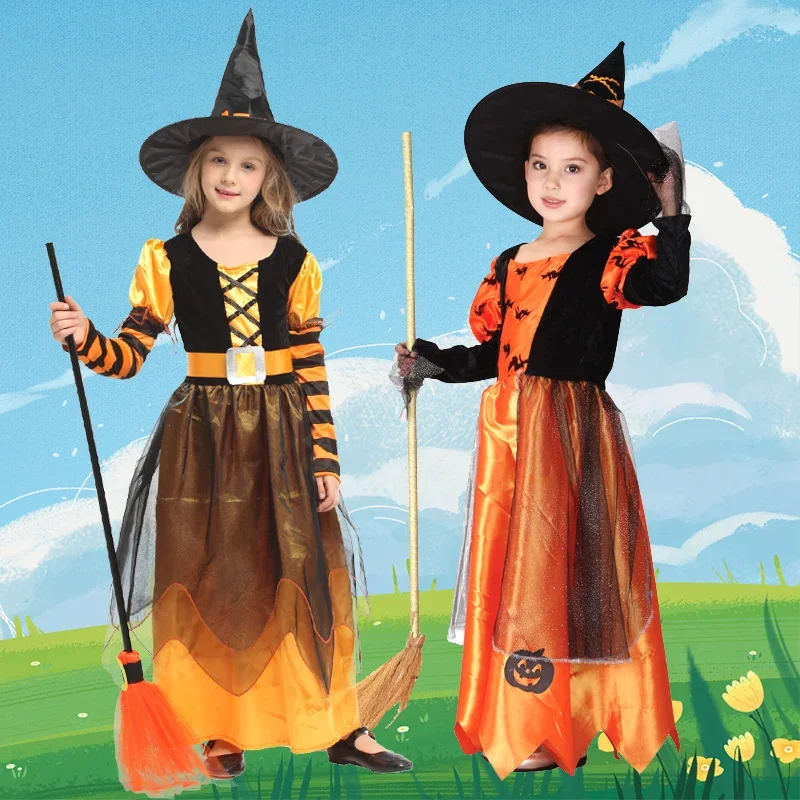 Mn1 meninas halloween abóbora cosplay trajes de bruxa vestido com headwear truque ou tratamento festa vestir-se crianças roupas extravagantes 8/yg