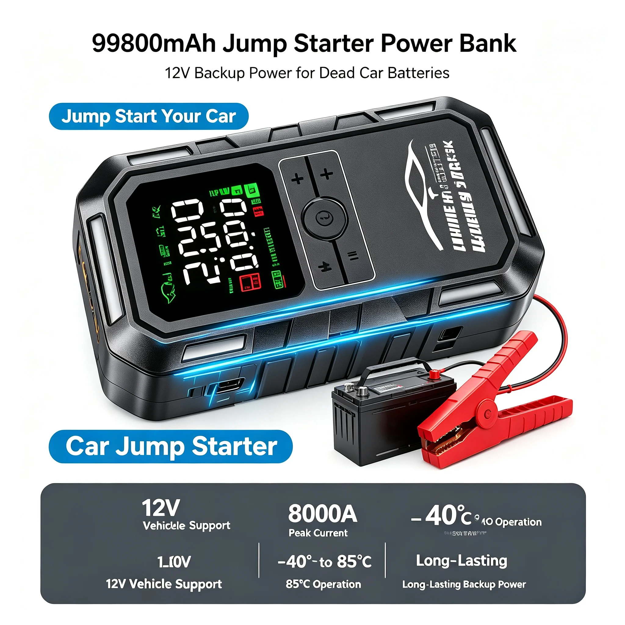 4-IN-1 Car Jump Starter Device with Air Compressor 8000A Peak 12V Auto Battery Booster 180PSI Air Pump Power Bank Tire Inflator