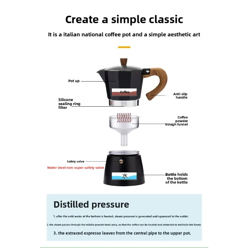Vintage Wooden Handle Espresso Maker Classic Italian Style Single/Double Valve Moka Pot for Home Outdoor Cafe Accessories