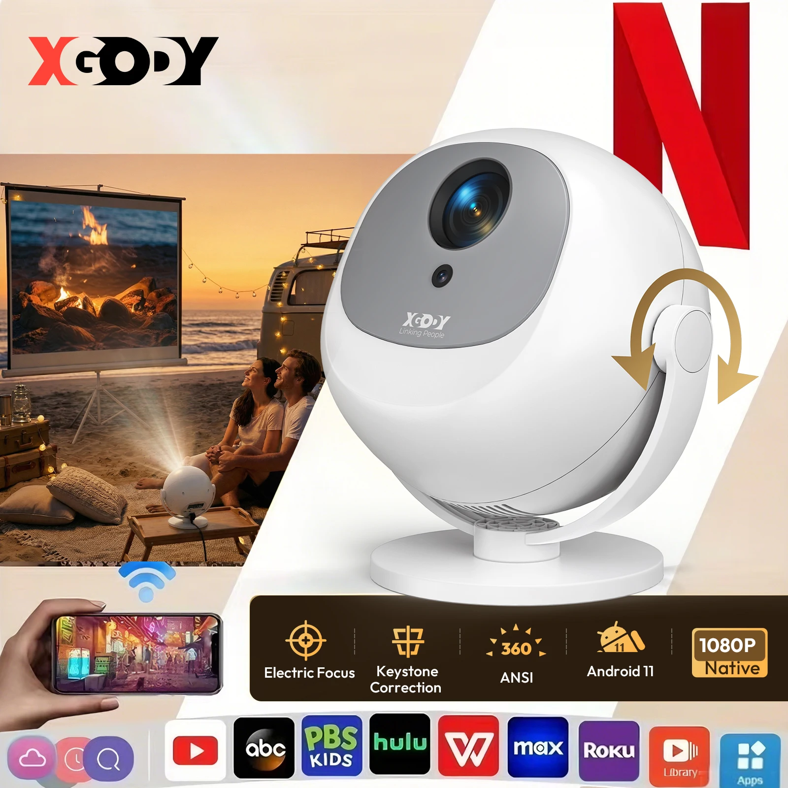 XGODY 4K Projector 360ANSI Electic Focus Mini Native 1080P Android 11 Wifi6 BT5.0 Cinema Outdoor Portable Projector
