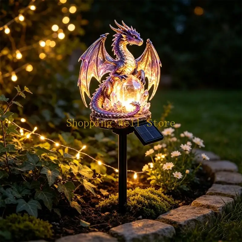 KX4B Resin Dragon Garden Stake Light Statue for Porch Entry and Lawn Accent