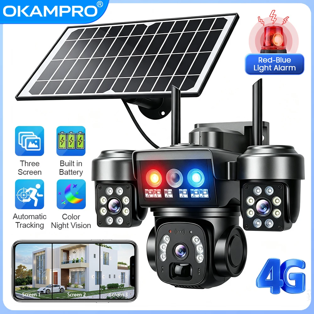 OKAM Solar Camera Three Lens HD 15MP 4G LTE Outdoor Camera Light Alarm 12000mAh Battery IP66 Waterproof AOV Camera YOOSEE AI APP