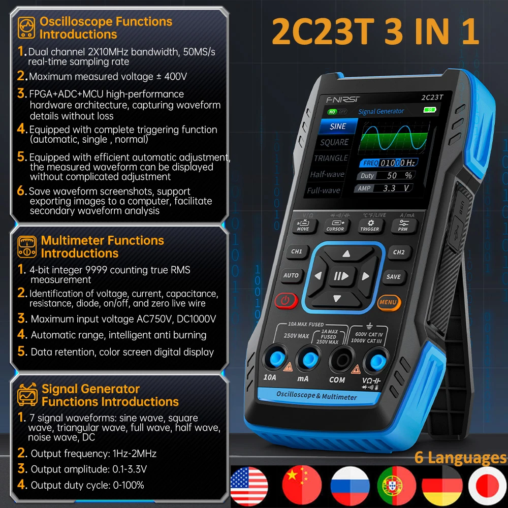 

FNIRSI 3 in 1 2C23T Oscilloscope 10Mhz Band Width 50MSa/s Dual Channel 9999 Counts Multimeter Multifunctional Signal Generator