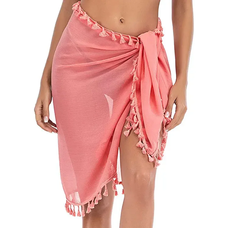 Beach Skirt Women's One-piece Irregular Multi-function Shawl Bikini Blouse Fringe Splicing Seaside Holiday Sun Protection Pink