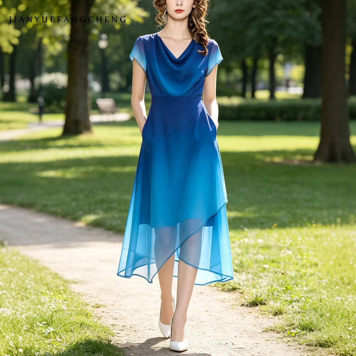 Women Gradient Chiffon Midi Dress Draped V‑Neck Short Sleeve Asymmetrical Hem Summer Elegant Party Dress With Pockets