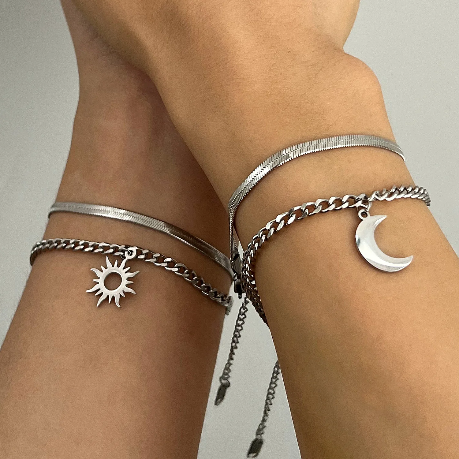 New Stainless Steel Charm Bracelets for Man Woman Punk Sun Moon Pendant Snake Cuba Chains Stackable Wirstbands Paired Jewelry