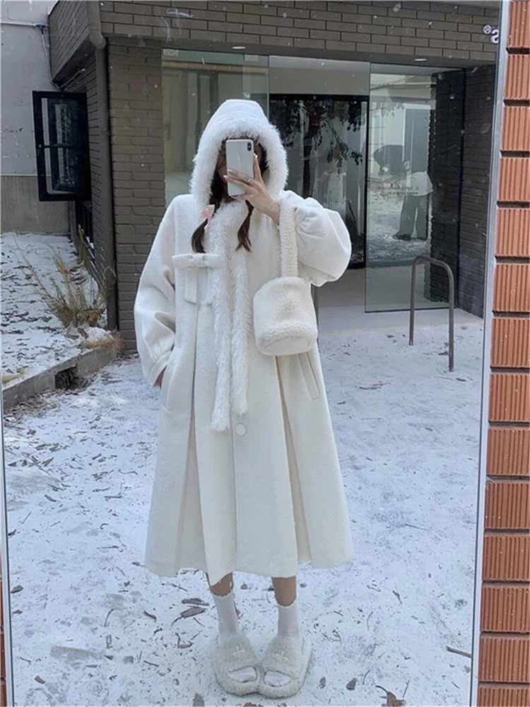 White Hooded Woolen Coat Women's Winter New Sle Korean Sweet Cute Loose Woolen Coat Mid-Length Single Button Closure